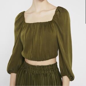Alice + Olivia Green Alta Square Neck Peasant CropTop Size Small Silk boho fairy